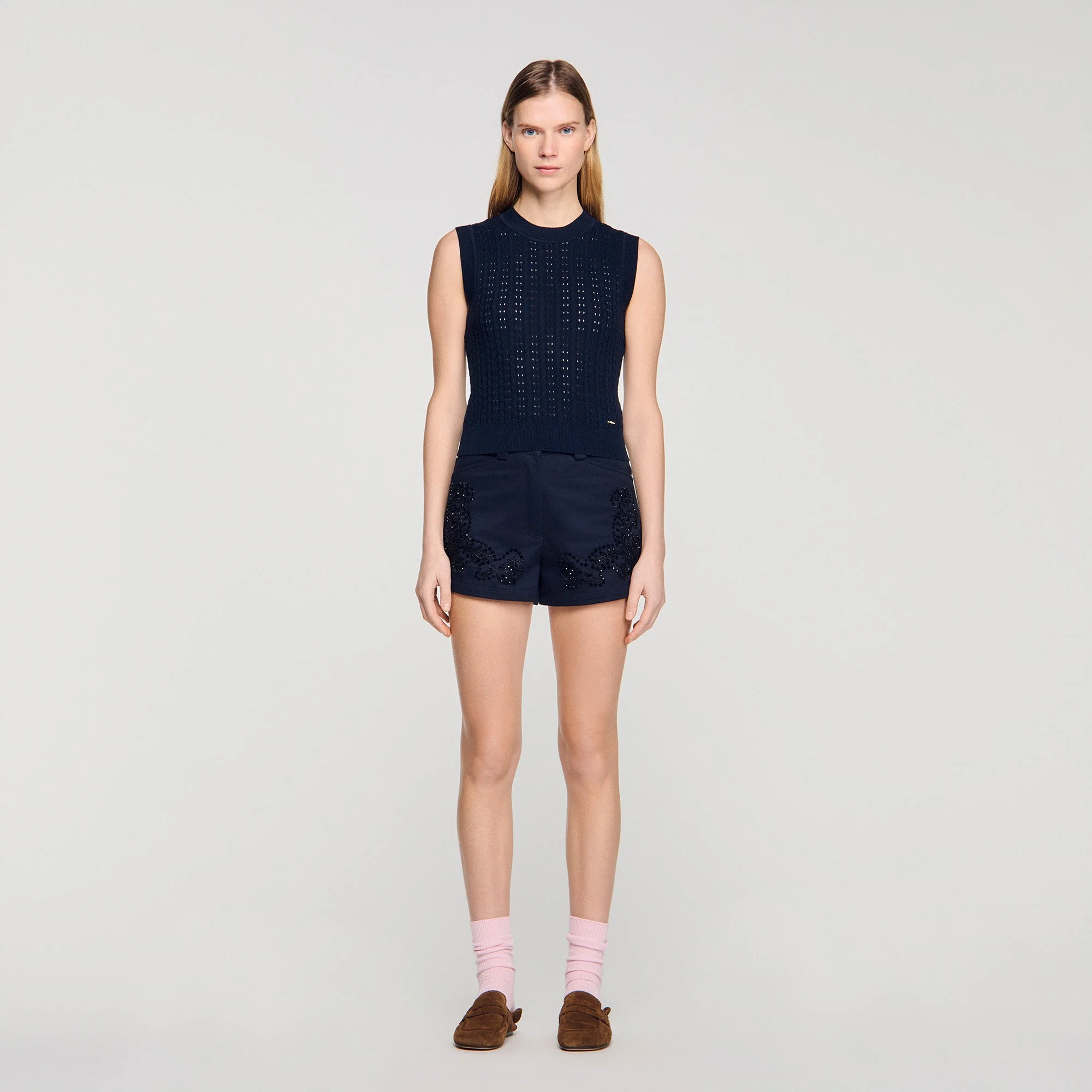 Fidele Textured Cropped Knit Jumper Navy Blue - Image 2