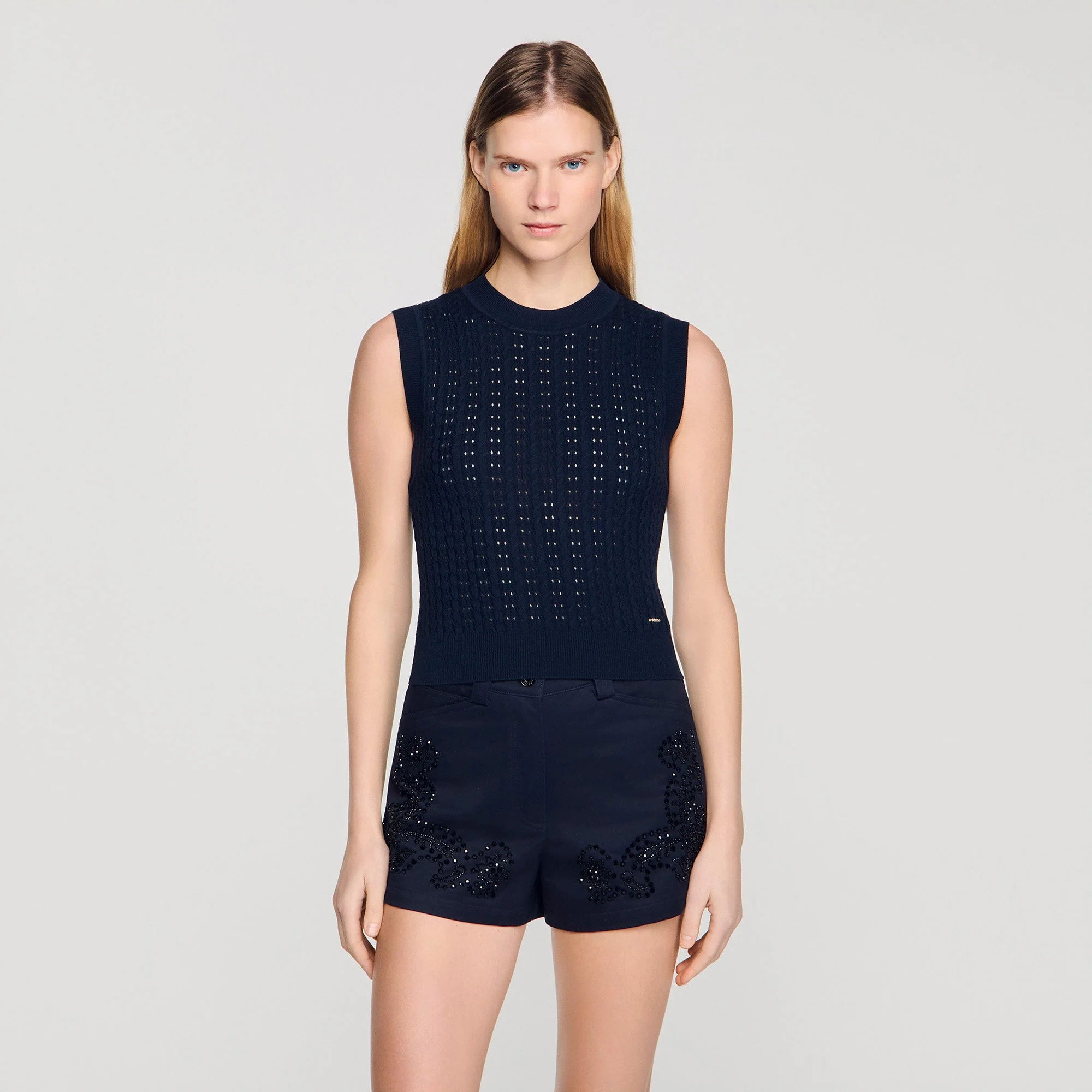 Fidele Textured Cropped Knit Jumper Navy Blue - Image 4