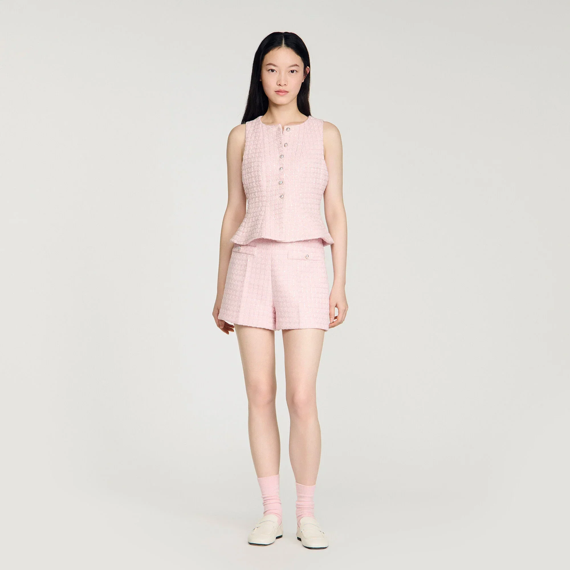 Demilys Sequin Check Tweed Shorts Pink - Image 2