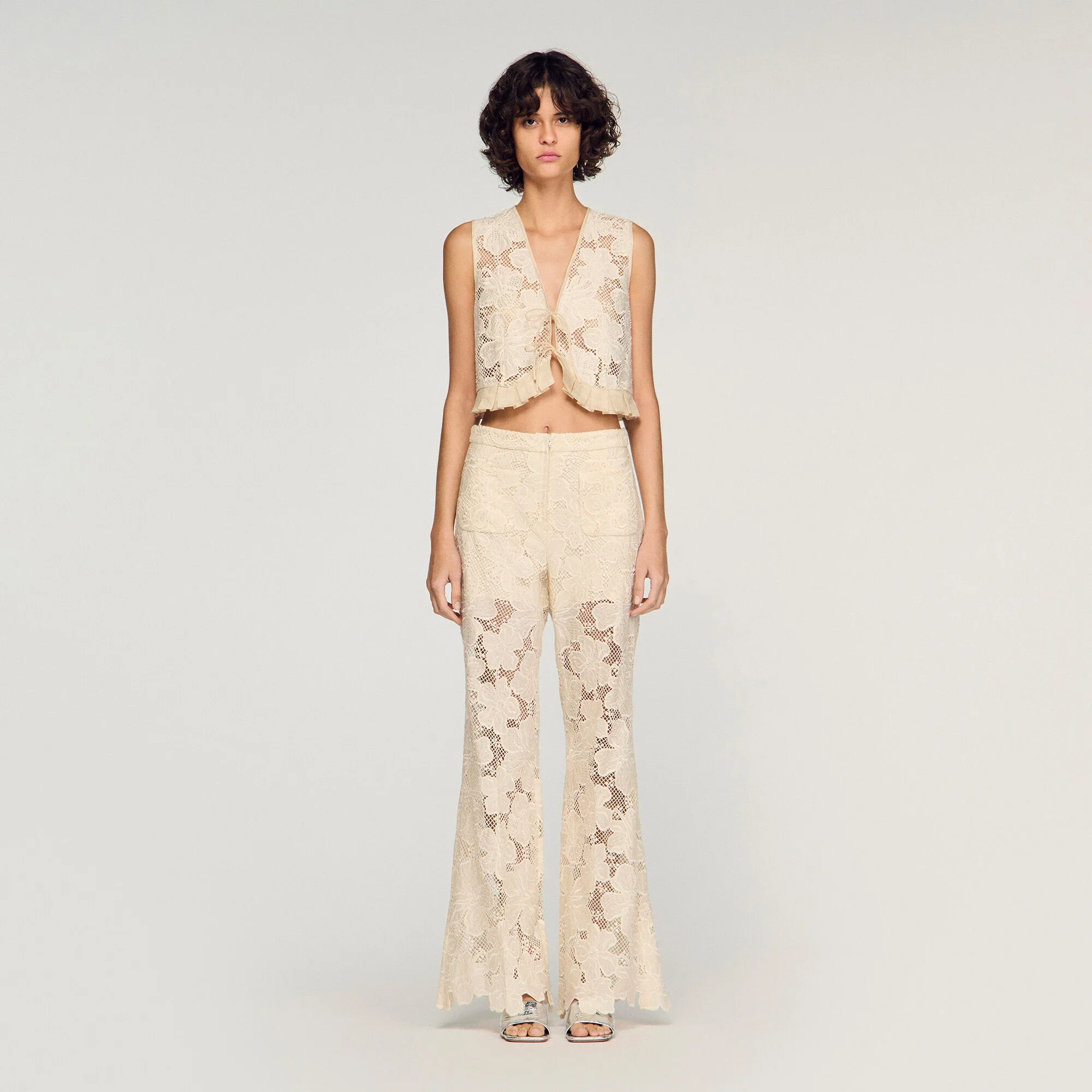 Amane Guipure Lace Crop Top Ecru - Image 2