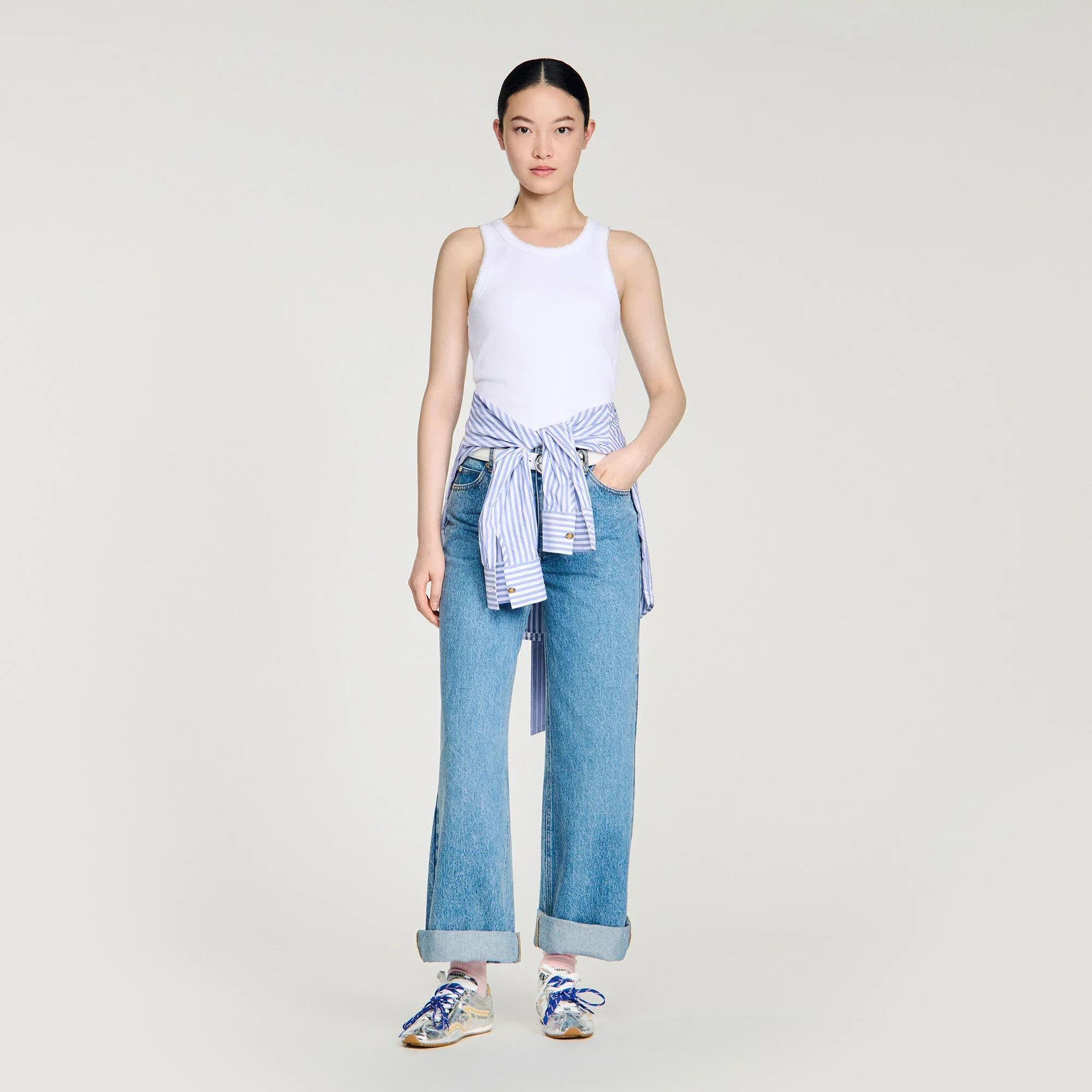 Evie Beaded Ribbed Vest Top White
