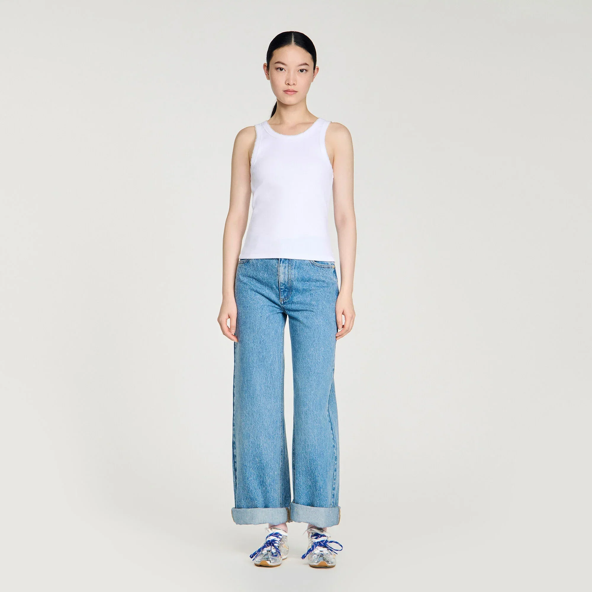 Evie Beaded Ribbed Vest Top White - Image 2