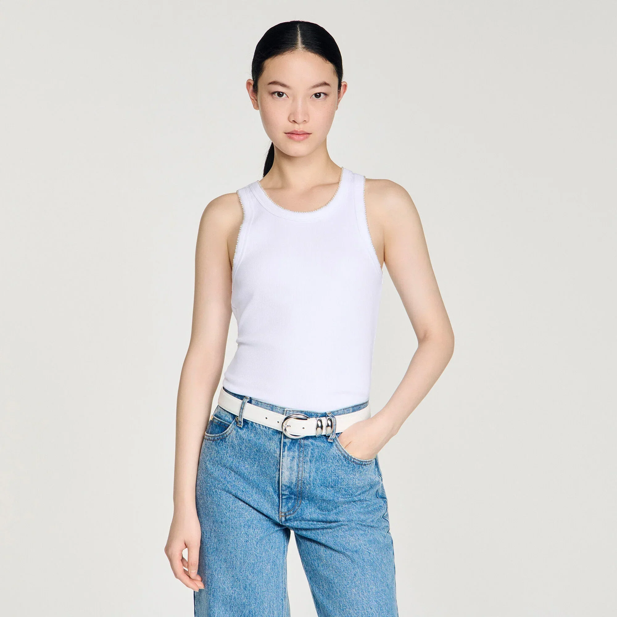 Evie Beaded Ribbed Vest Top White - Image 4