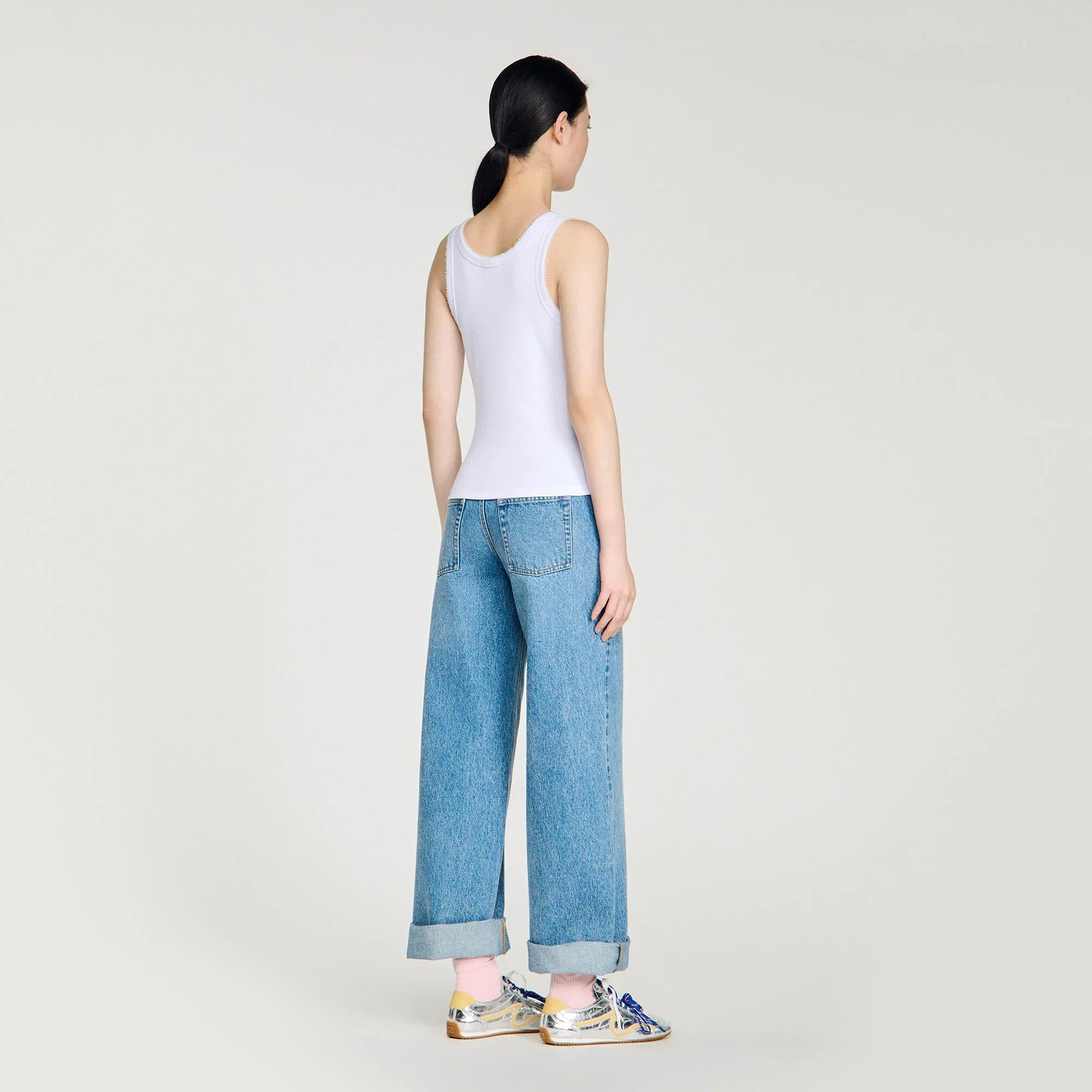 Evie Beaded Ribbed Vest Top White - Image 5