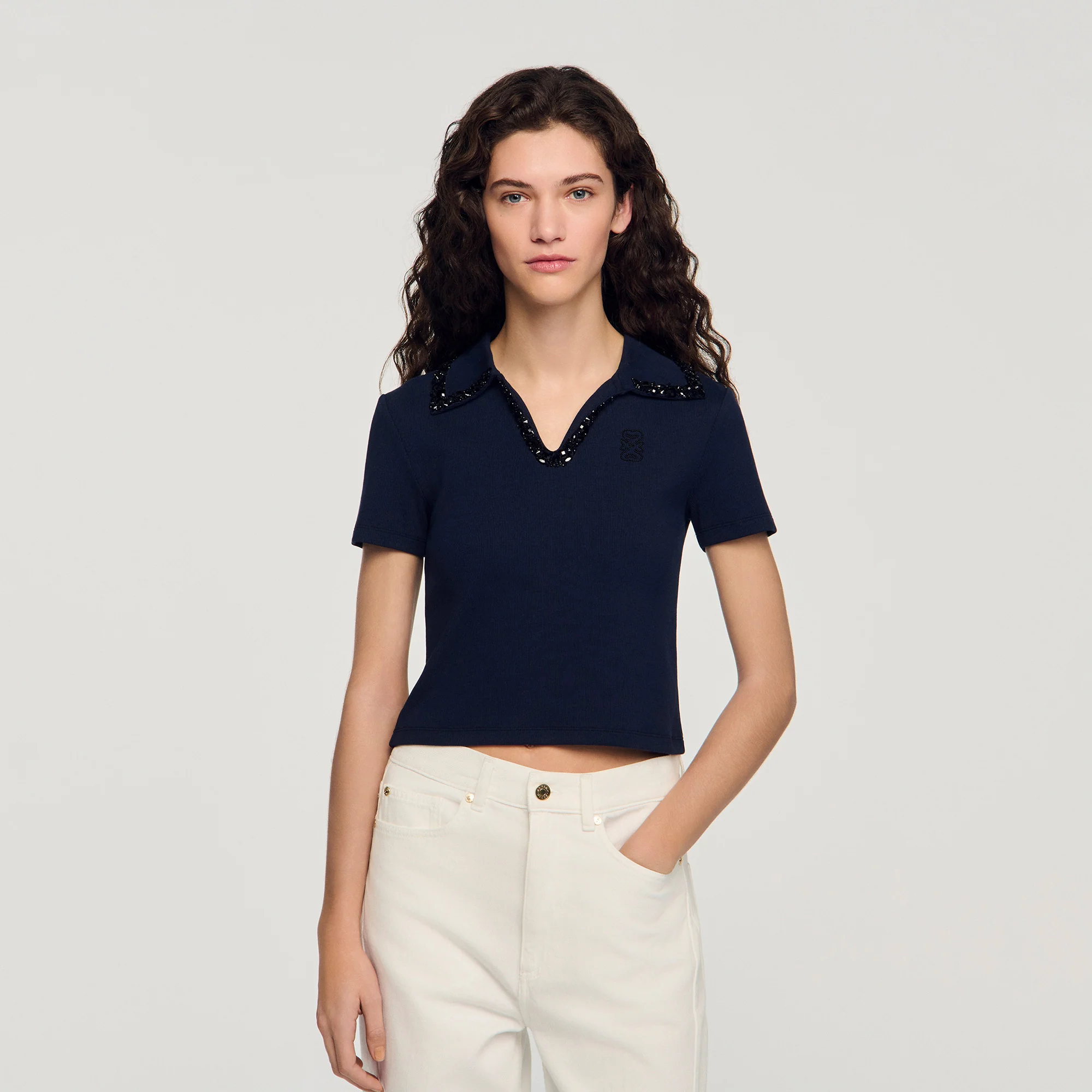 Auxane Pearl Collar Polo Navy Blue - Image 4