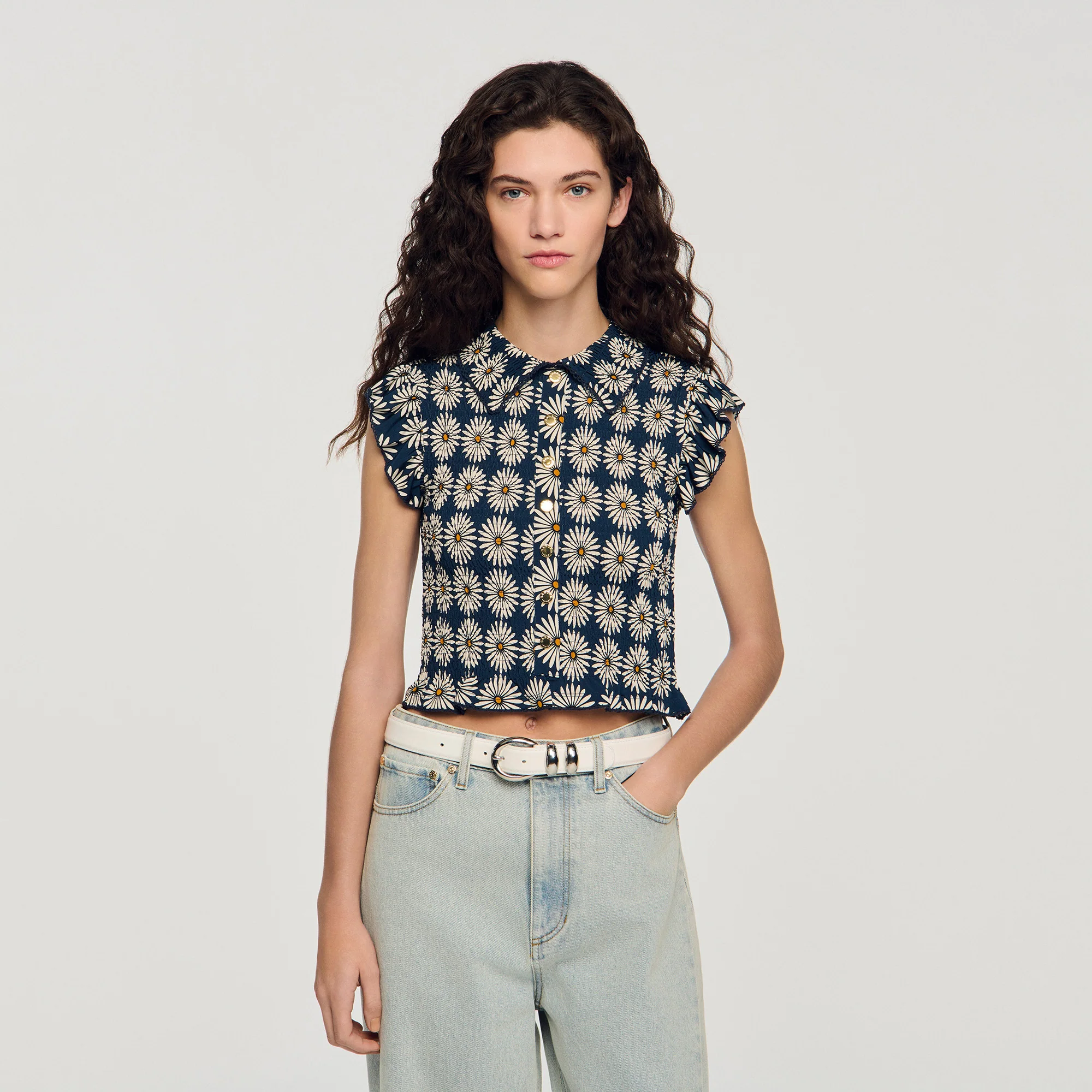Camila Flower Print Smocked T-Shirt Deep Blue / Ocher - Image 4