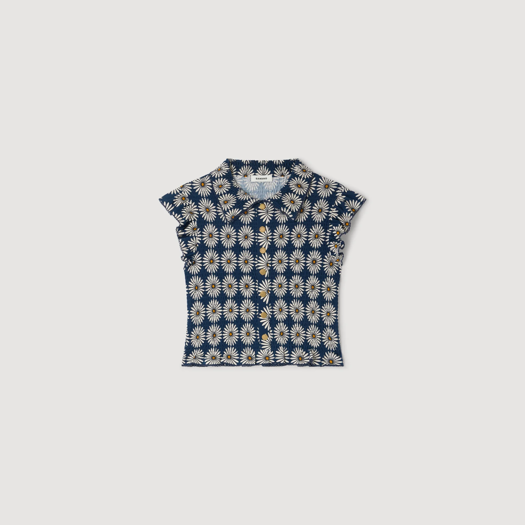 Camila Flower Print Smocked T-Shirt Deep Blue / Ocher - Image 6