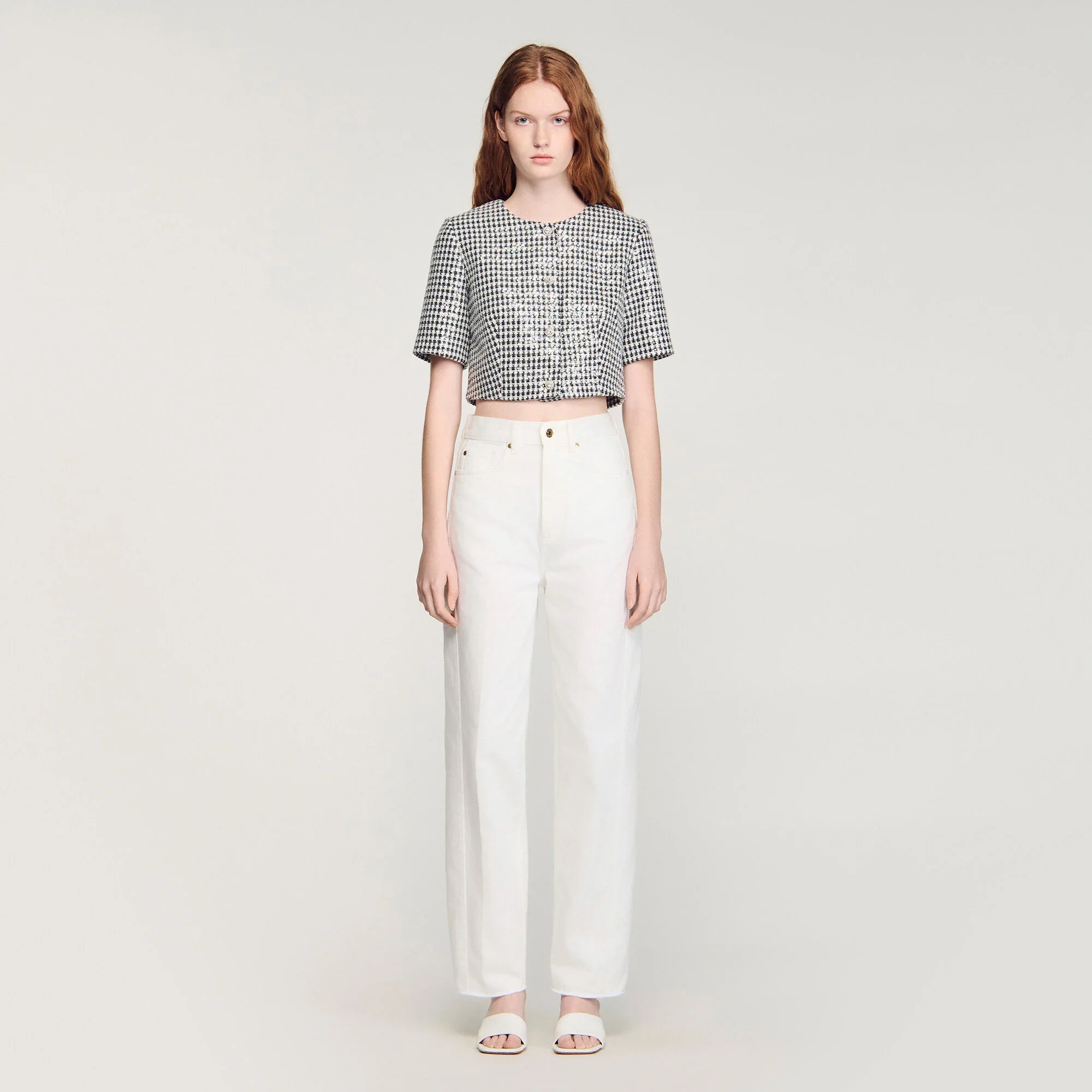 Flo Cropped Houndstooth Tweed Jacket Black / White - Image 2