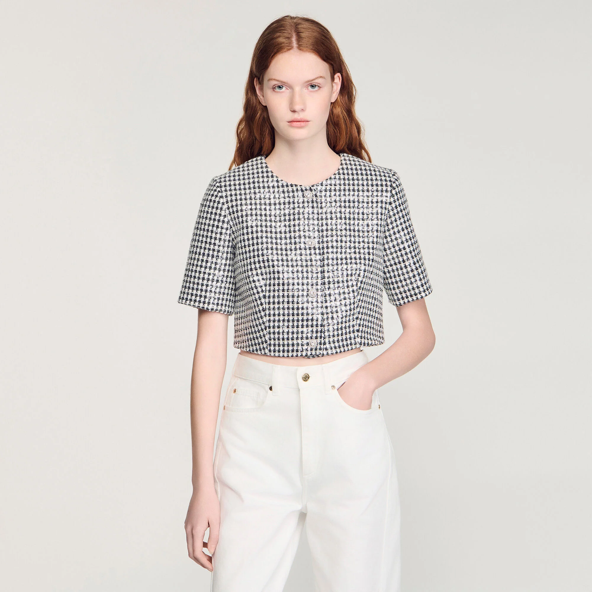 Flo Cropped Houndstooth Tweed Jacket Black / White - Image 4