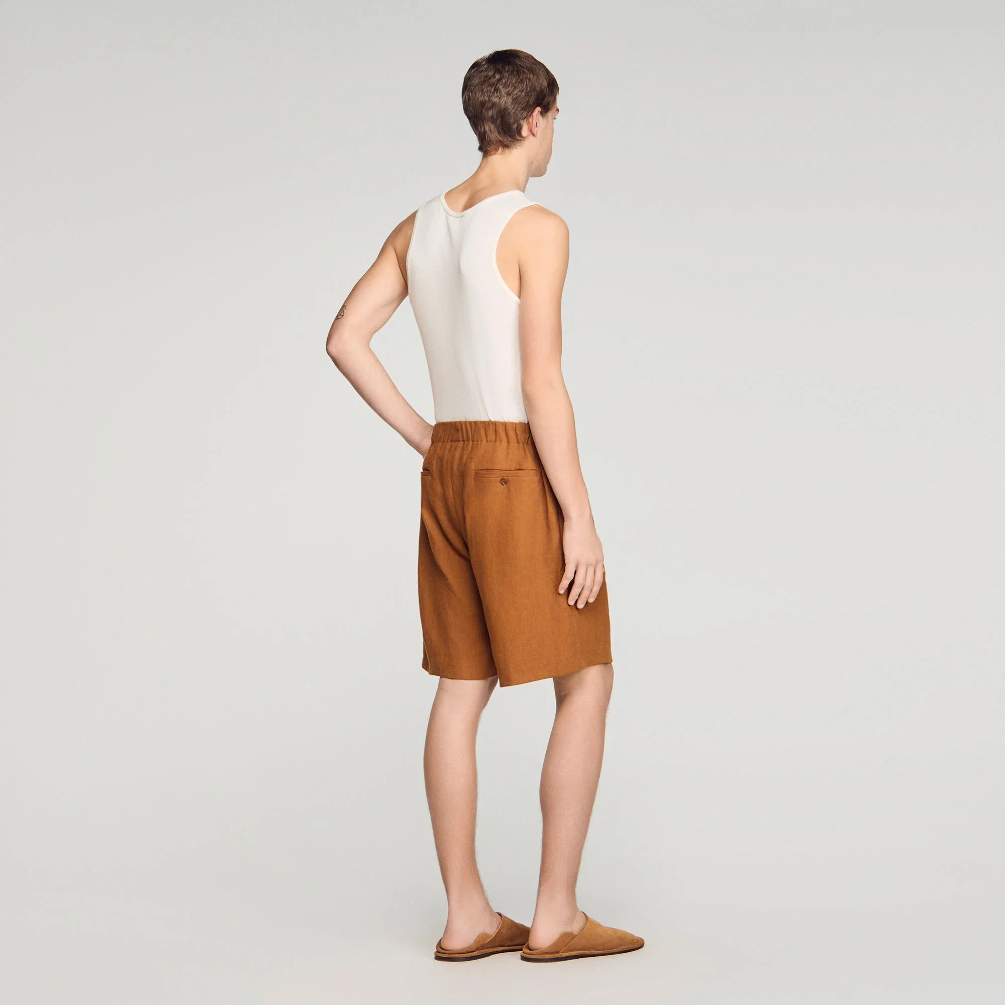 Linen Short Elastic Waist Linen Shorts Whisky - Image 3