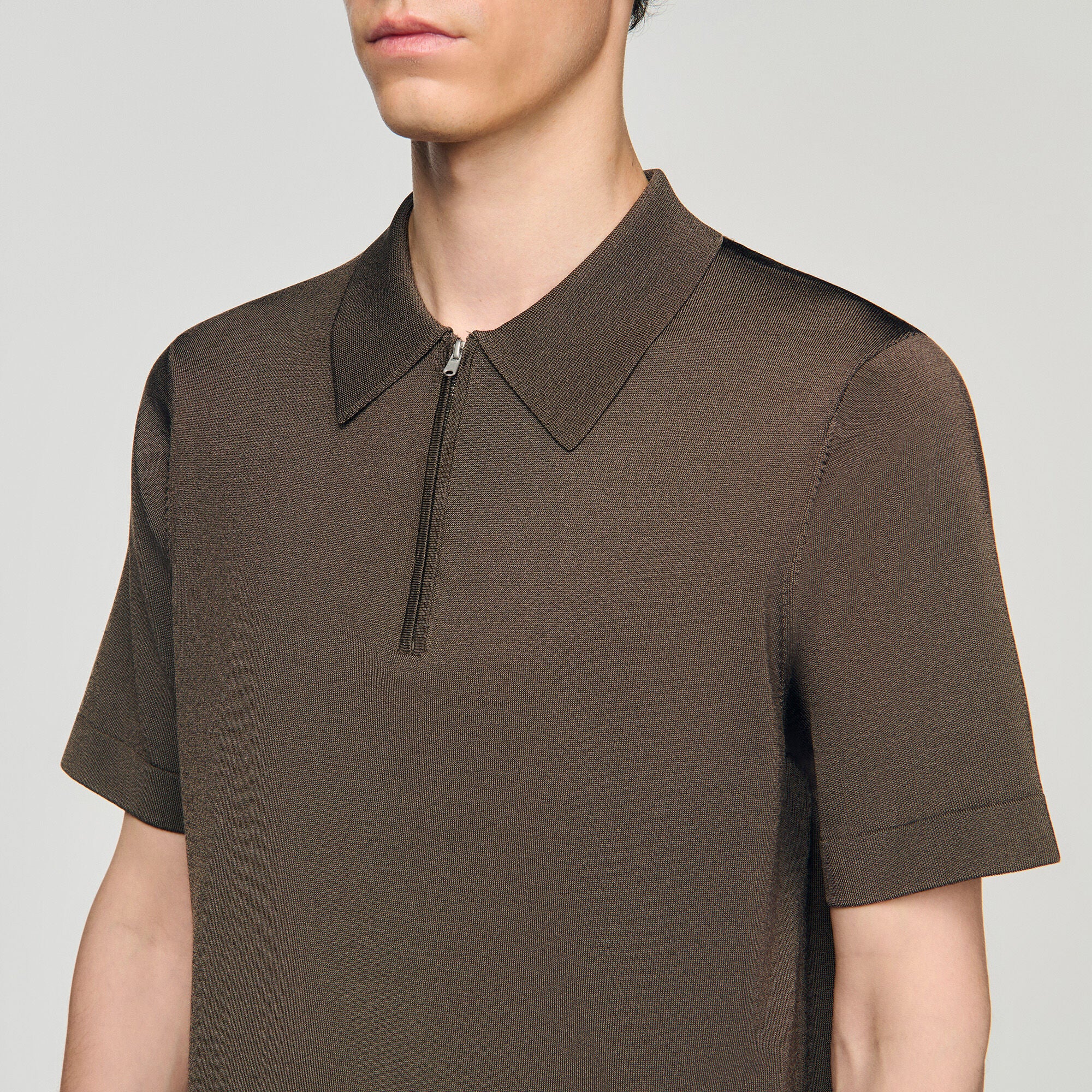 Pablo Zip Knitted Polo Shirt Taupe - Image 3