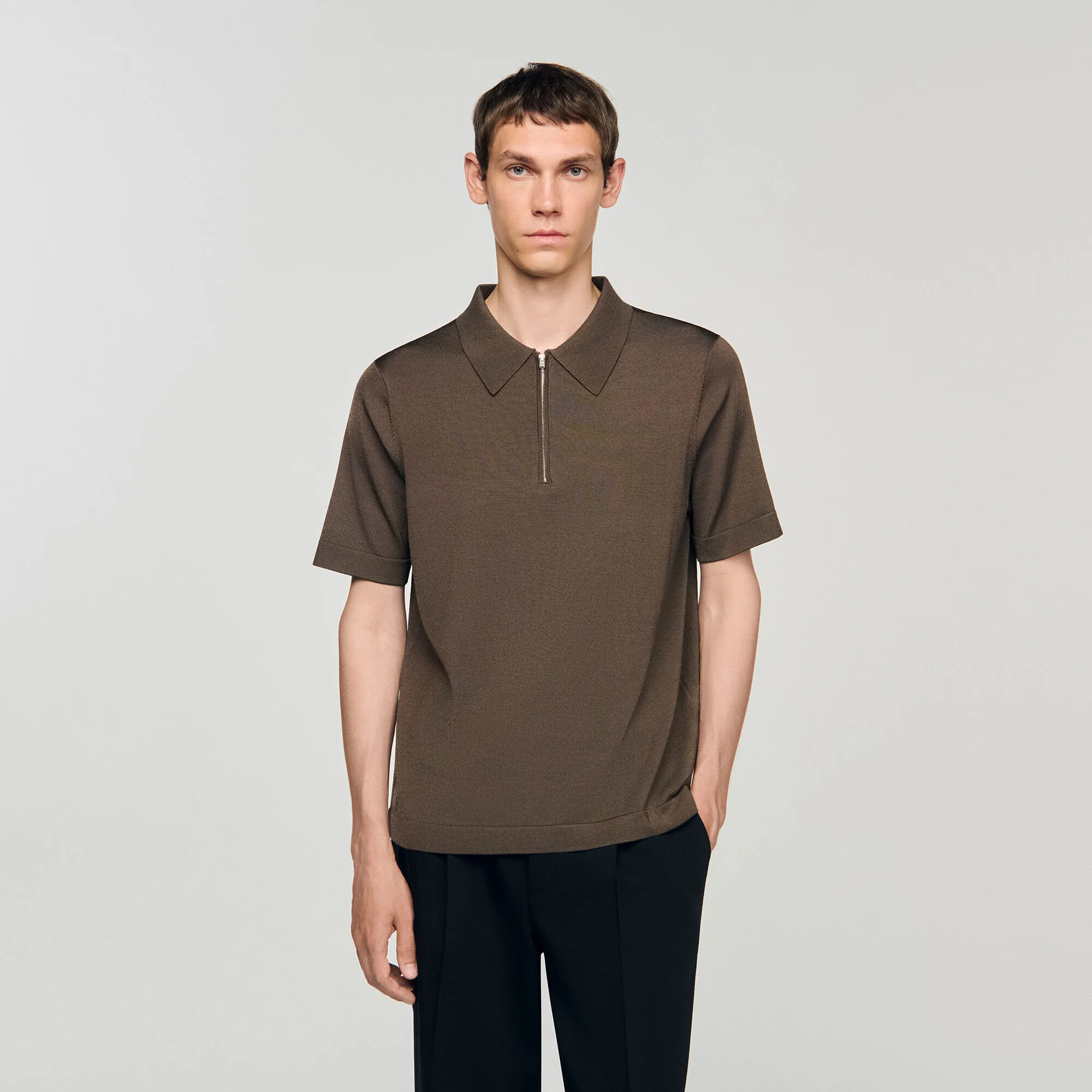 Pablo Zip Knitted Polo Shirt Taupe - Image 4