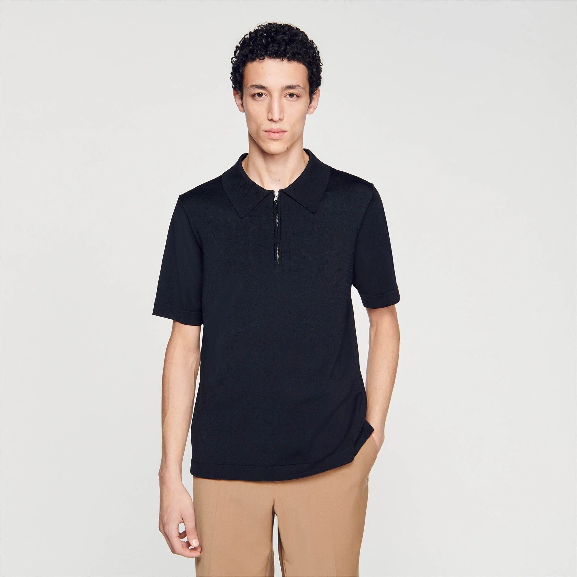 Pablo Zip Knitted Polo Shirt With Zip Collar Black - Image 5