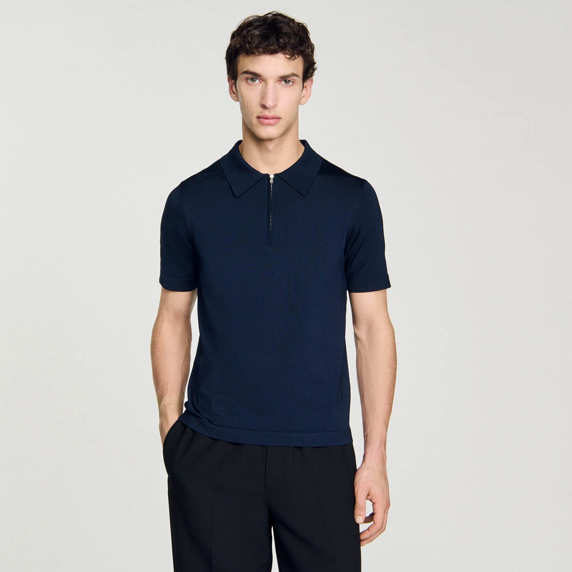Pablo Zip Knitted Polo Shirt Navy Blue - Image 5