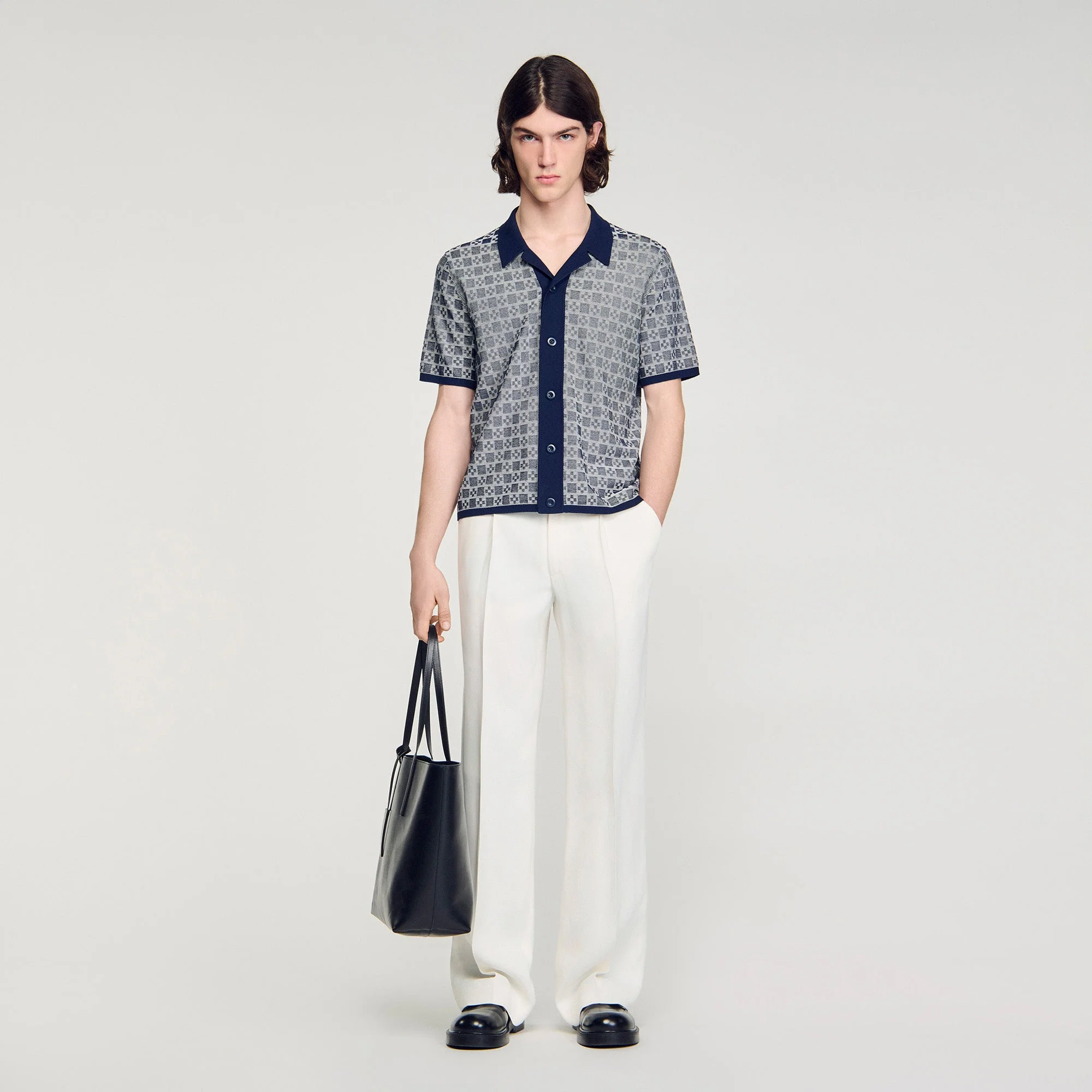 Cross Knit Shirt Square Cross Jacquard Shirt Navy Blue