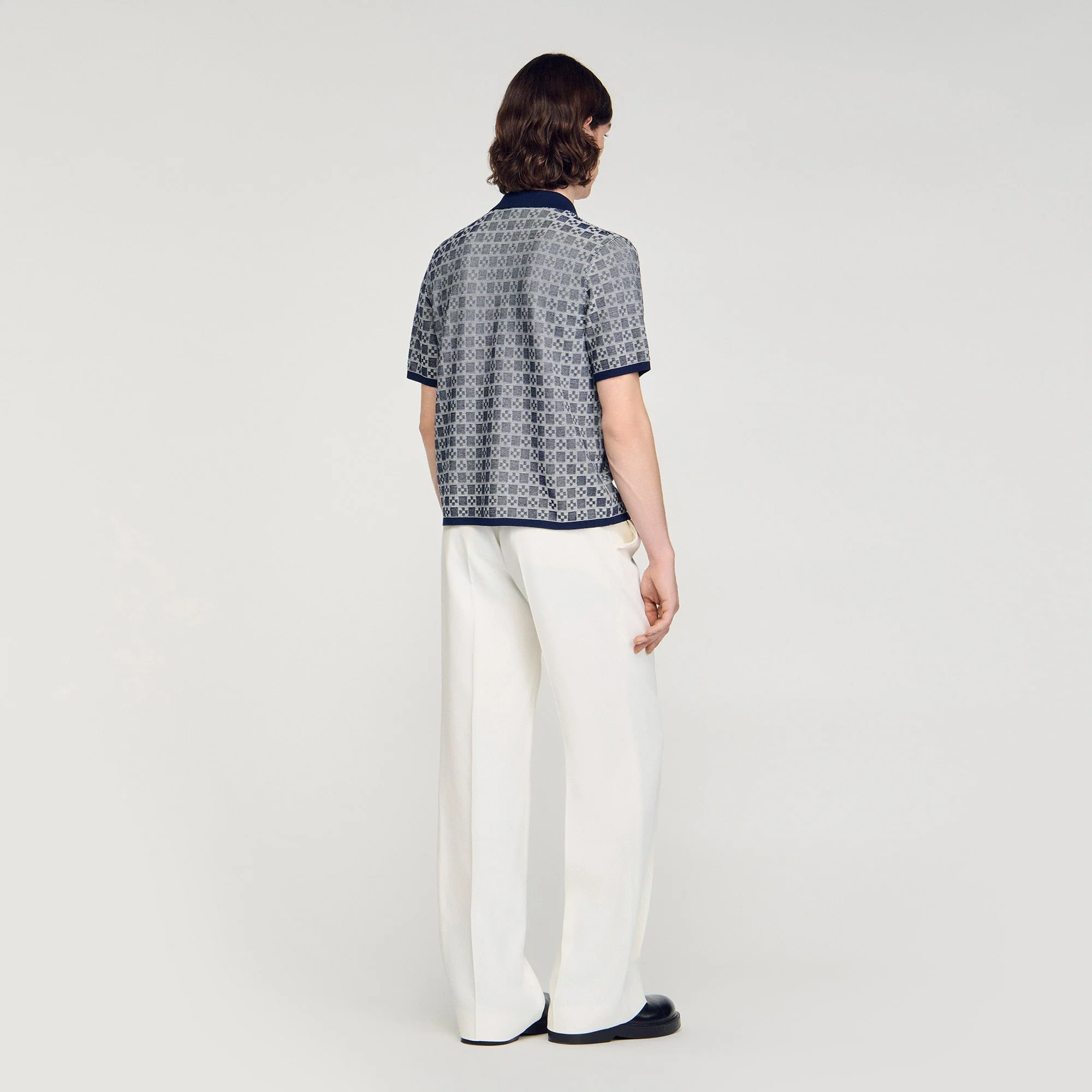 Cross Knit Shirt Square Cross Jacquard Shirt Navy Blue - Image 3