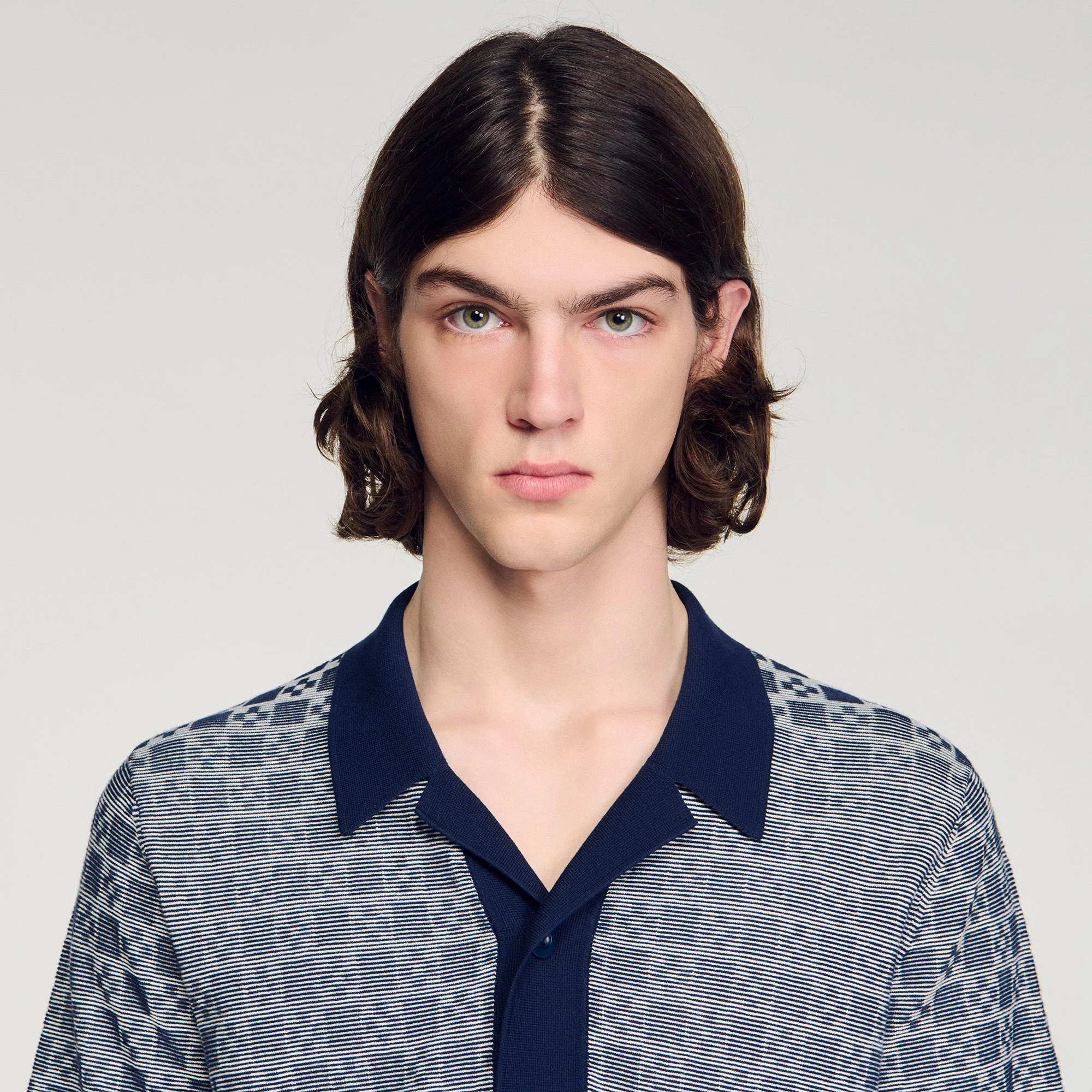 Cross Knit Shirt Square Cross Jacquard Shirt Navy Blue - Image 4