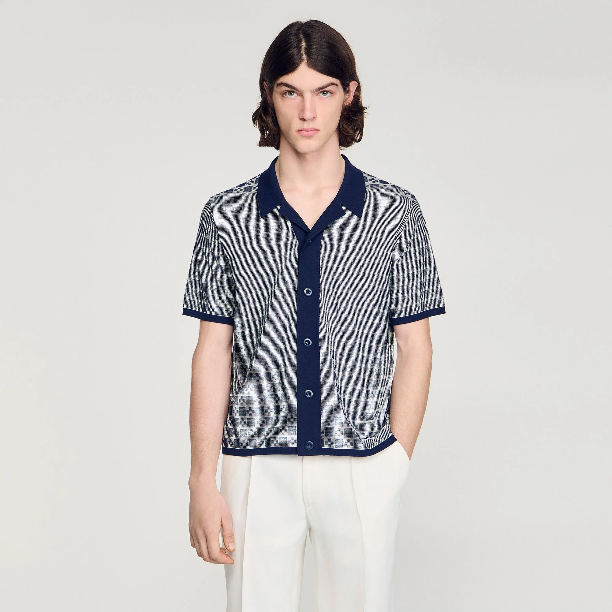 Cross Knit Shirt Square Cross Jacquard Shirt Navy Blue - Image 5