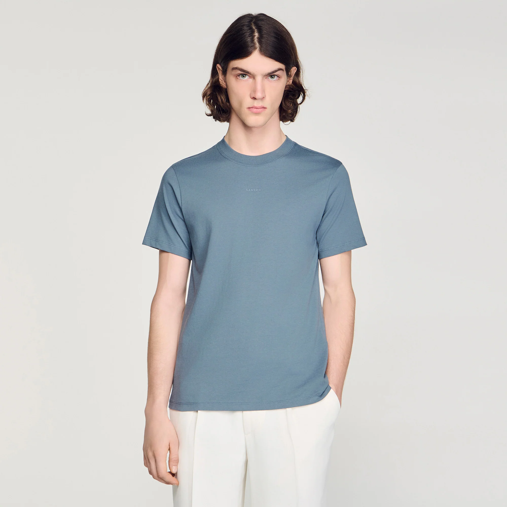 Sandro Logo Tee Cotton T-Shirt Grey / Blu - Image 4